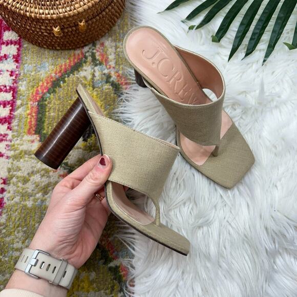 J. Crew Shoes - $248 J. Crew Beige Tan Square Toe Rounded Heel Thong Sandals in Linen 6.5